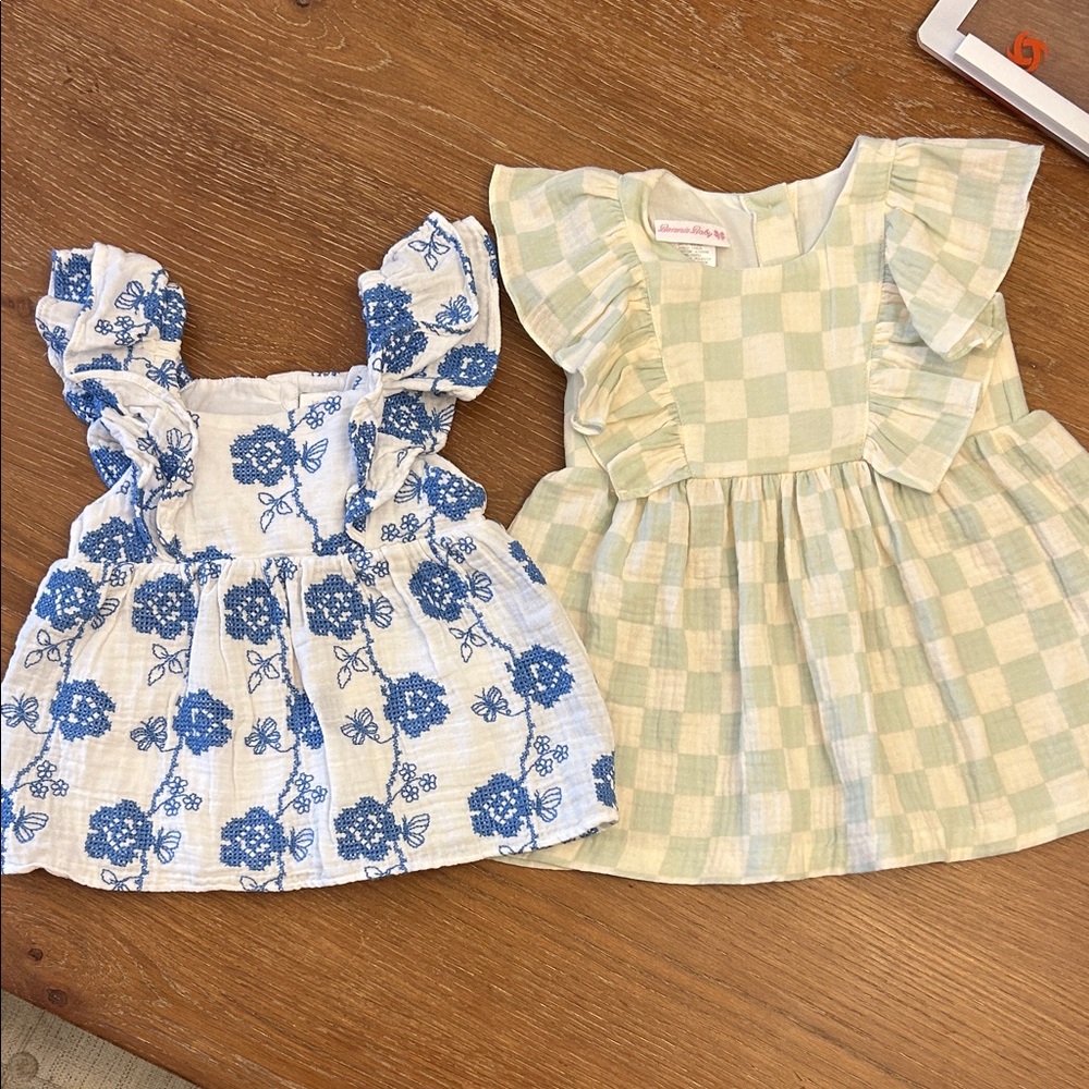 Bonnie Baby Blue Floral and Green Checkered Dresses